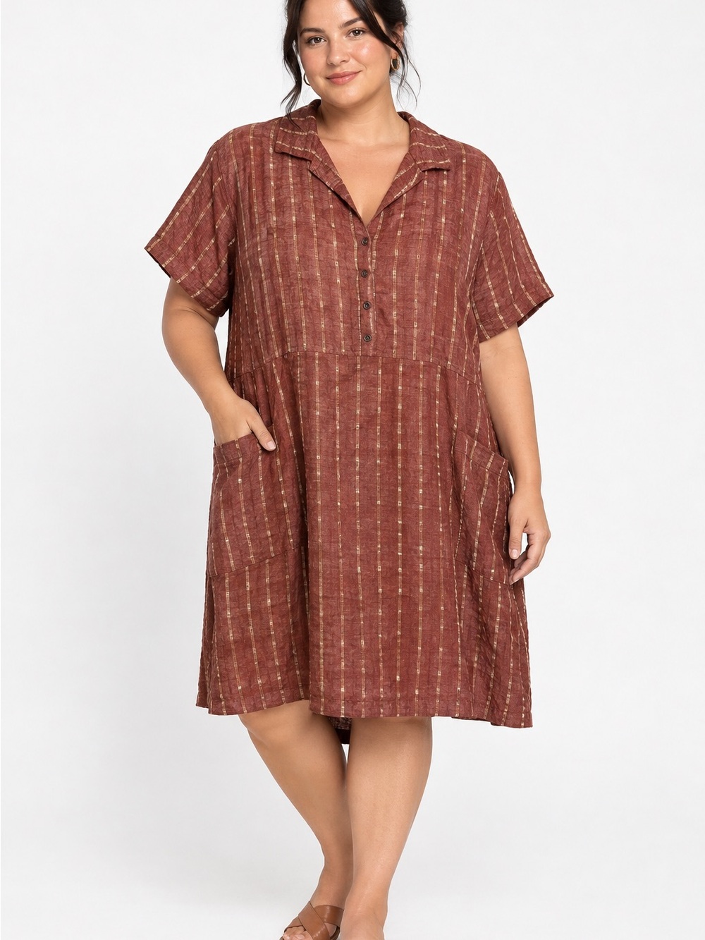 Poetry Linen shirt Dress Boho Button Front Pockets Rust Color Size 16 Casual